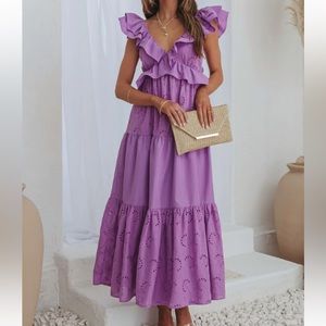 Purple Eyelet Tiered Ruffle Sleeve Maxi Dress